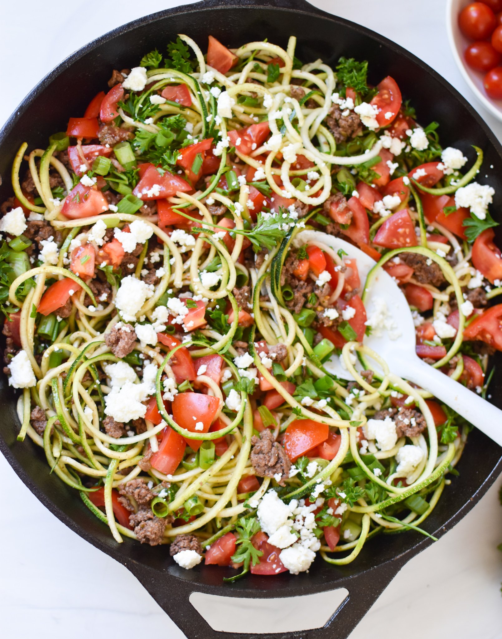 Mediterranean Ground Beef Zucchini Skillet with feta cheese.