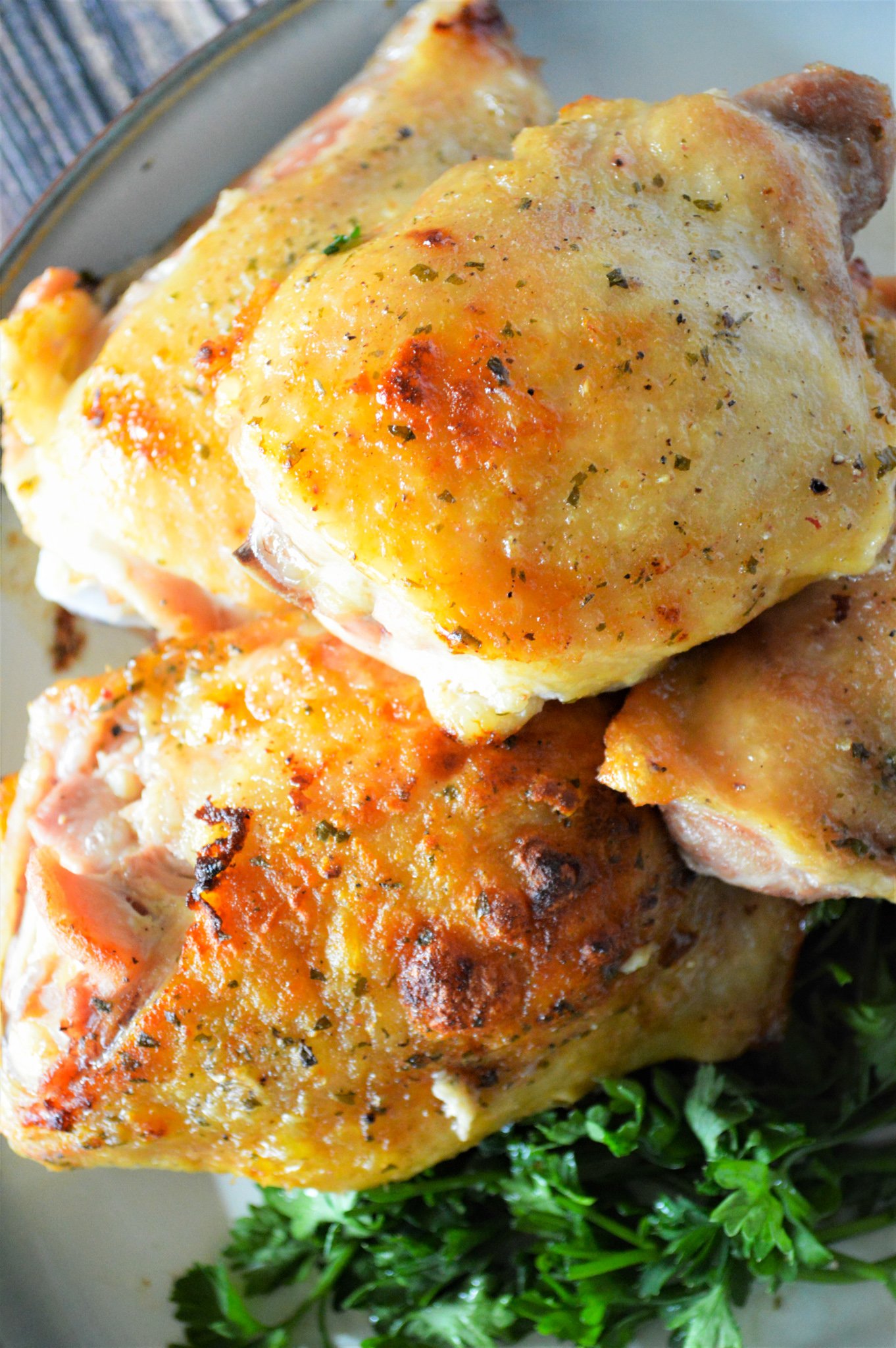 Oven Baked Ranch Chicken Thighs with skin on.