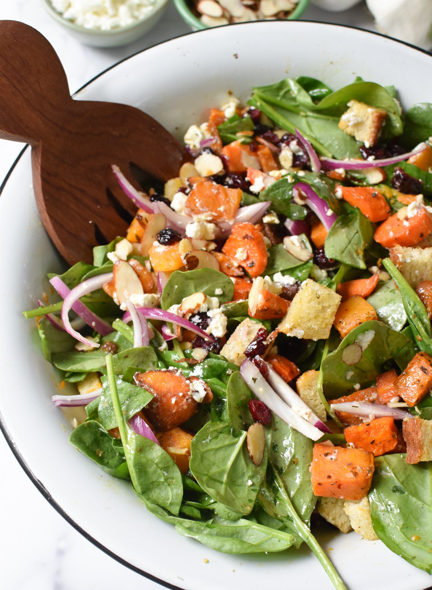 Roasted Vegetable Salad in a white bowl. 