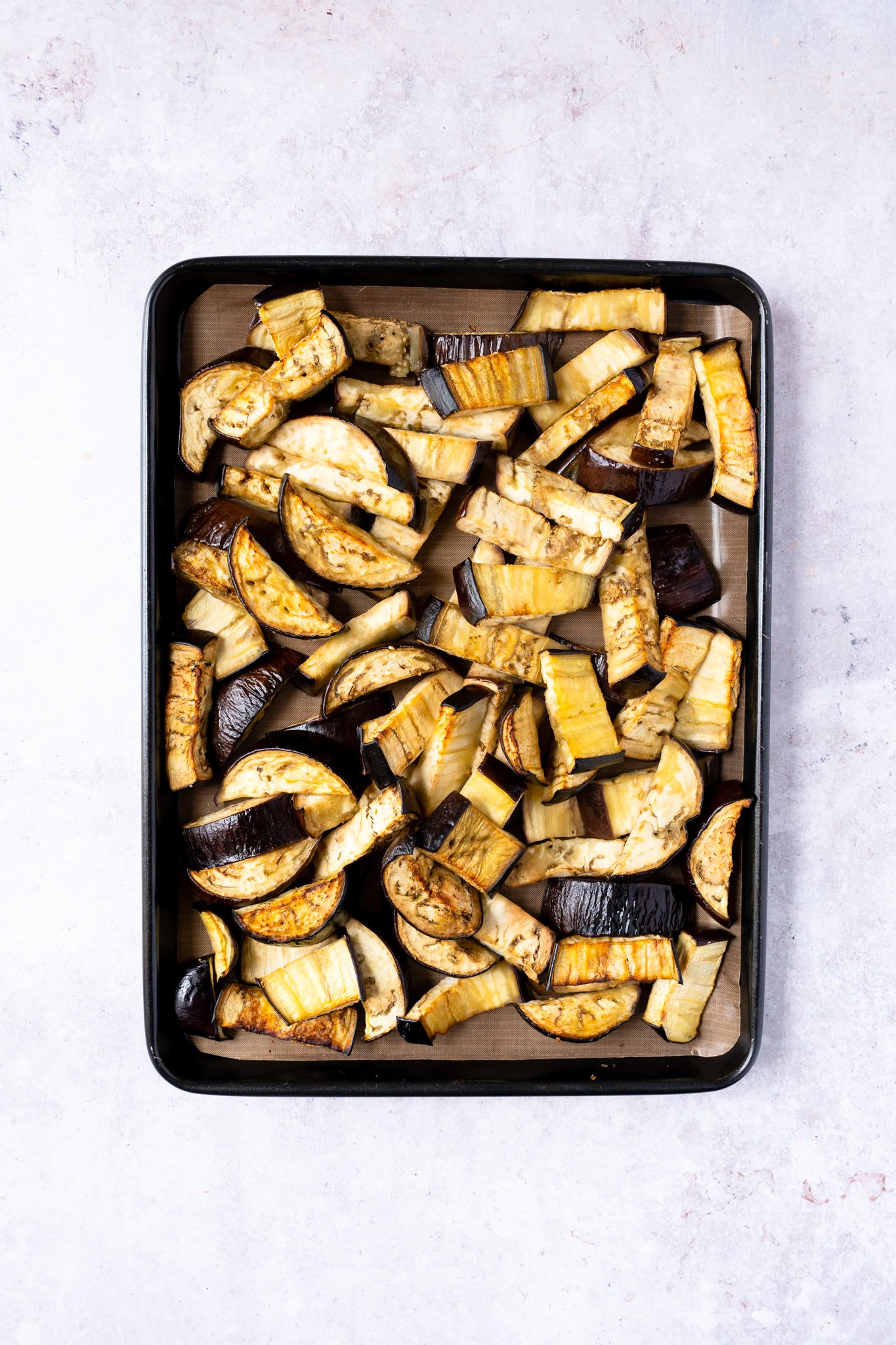 Easy Eggplant Curry eggplant on a baking dish. 