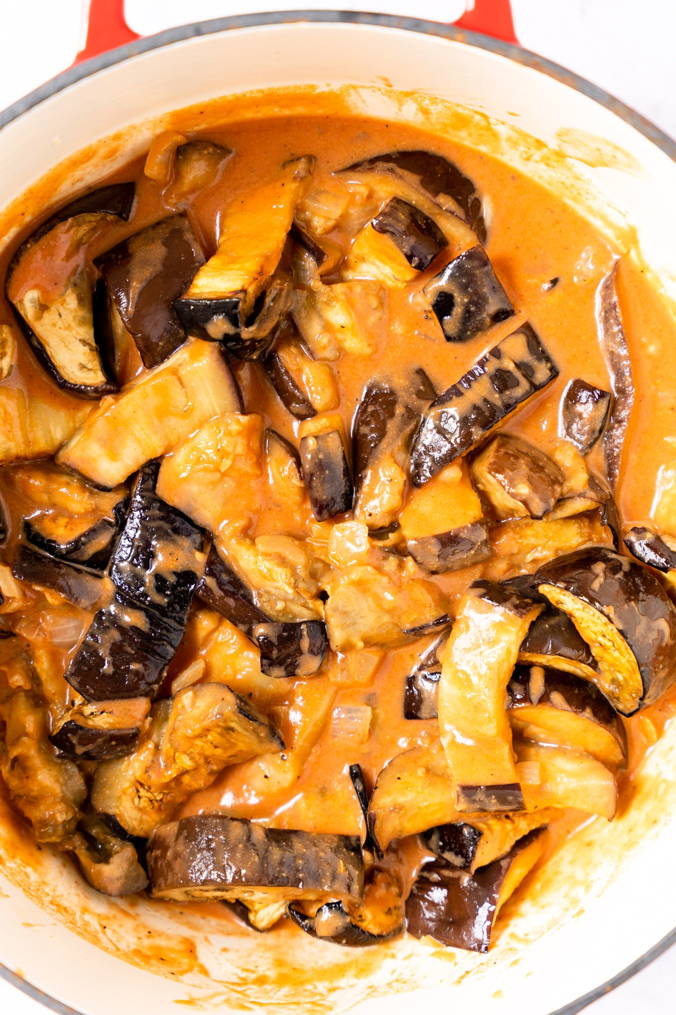 Easy Eggplant Curry eggplant in a pot simmering. 