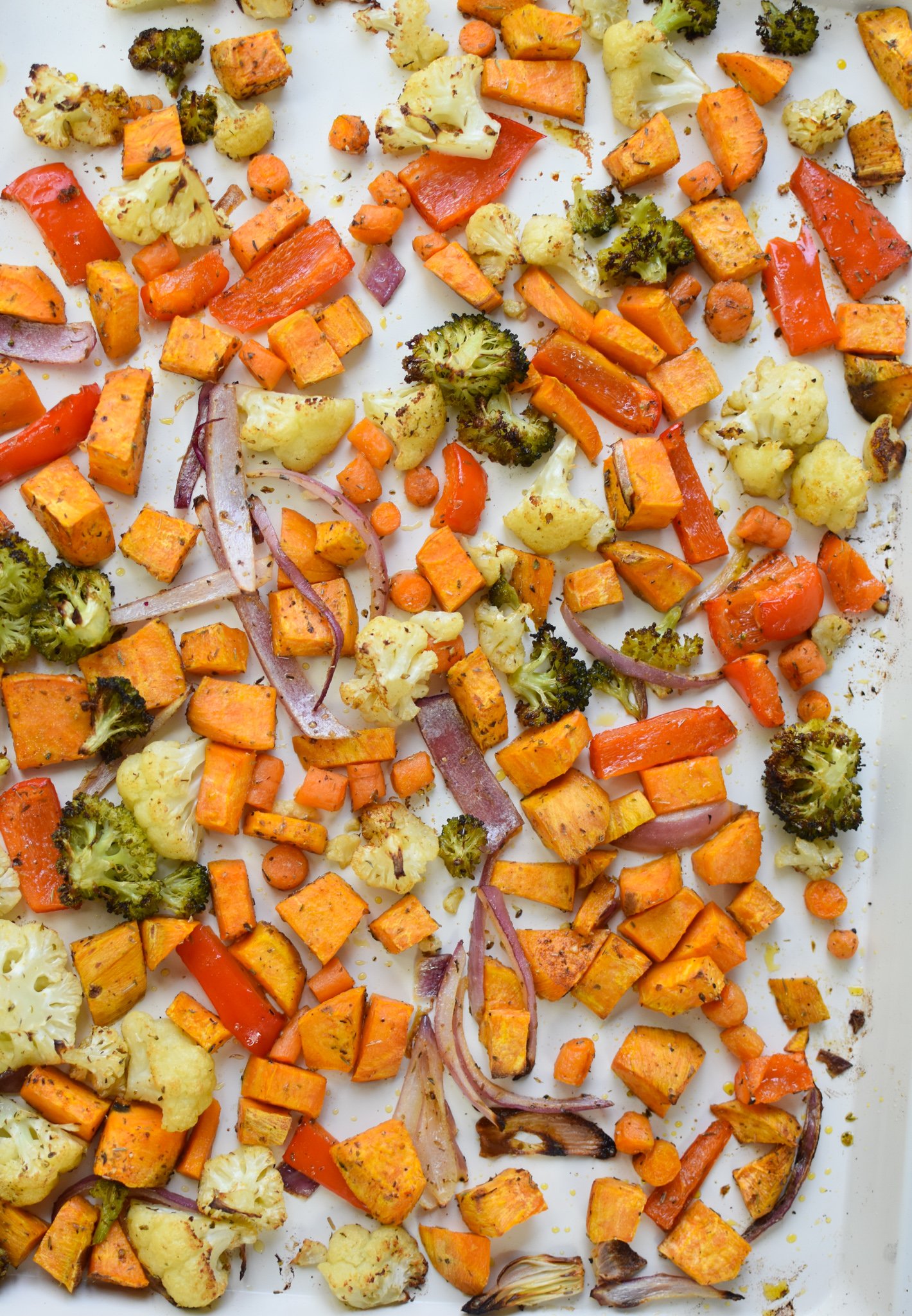 Sweet Potato Bowl vegetables on a baking tray.
