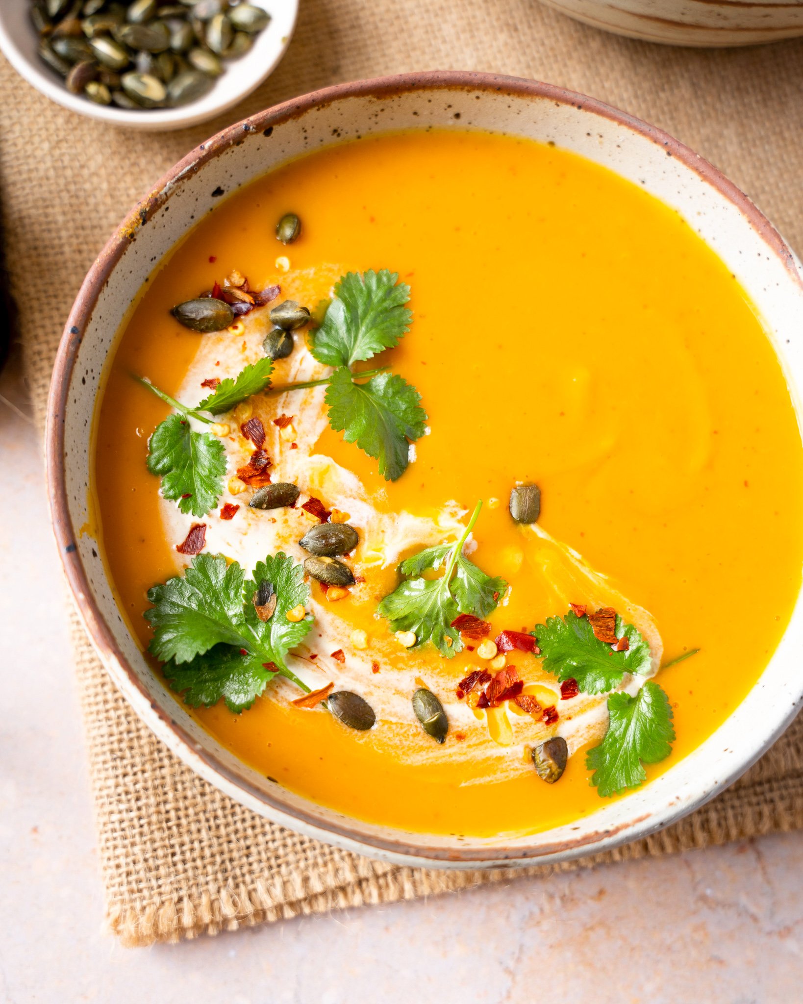 Thai Roasted Pumpkin Soup with cilantro.