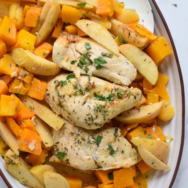 Crockpot Apple Chicken Breast Recipe on a white plate.
