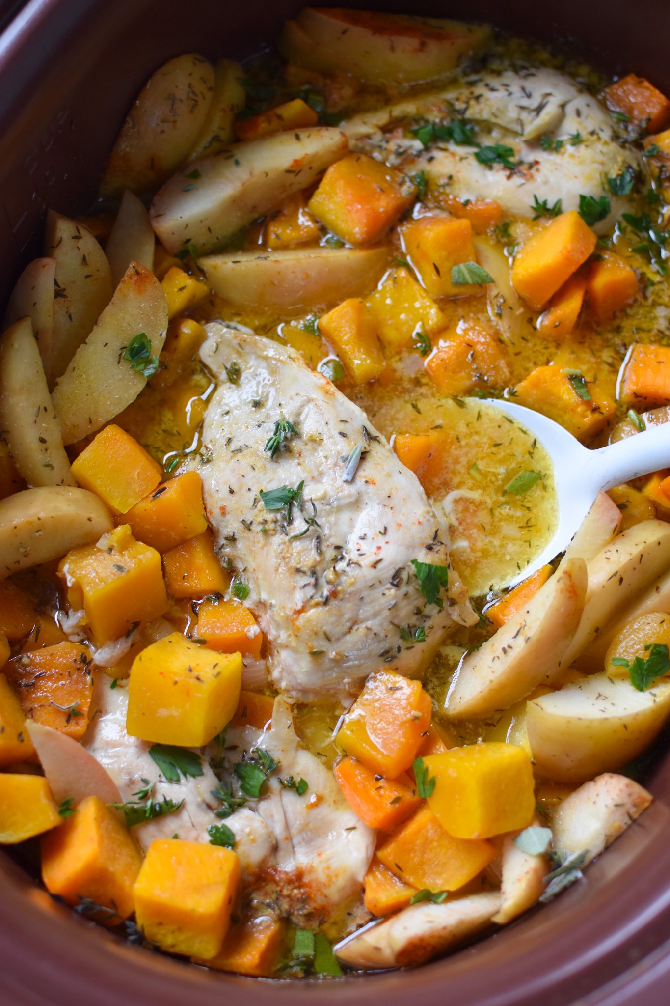 Crockpot Apple Chicken Breast Recipe in a crockpot.