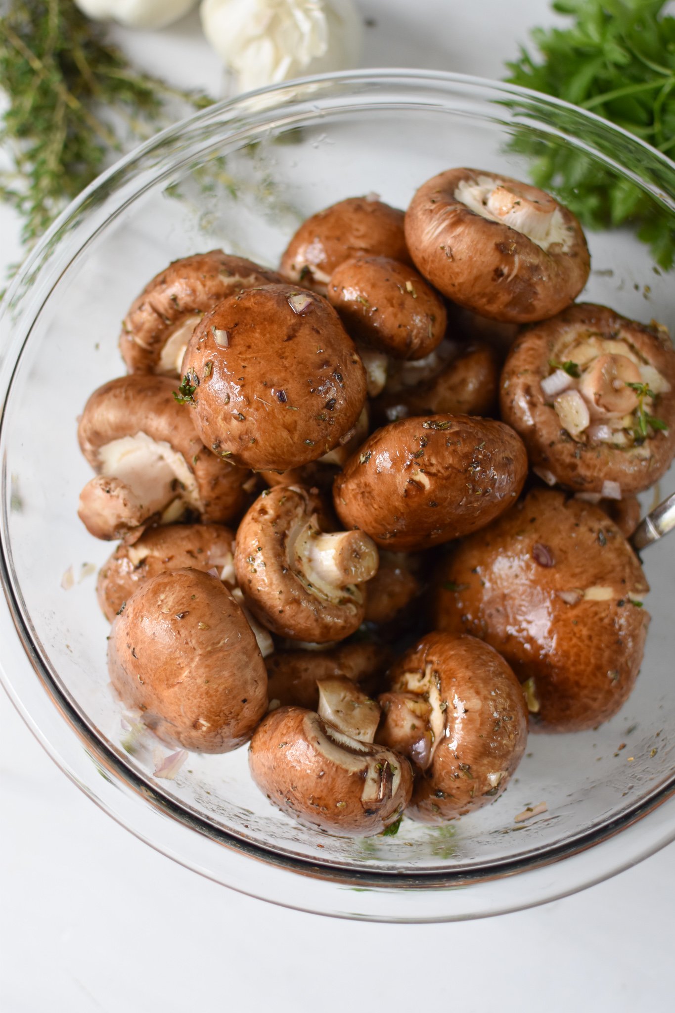 Roasted Balsamic Mushrooms in a clear bowl.