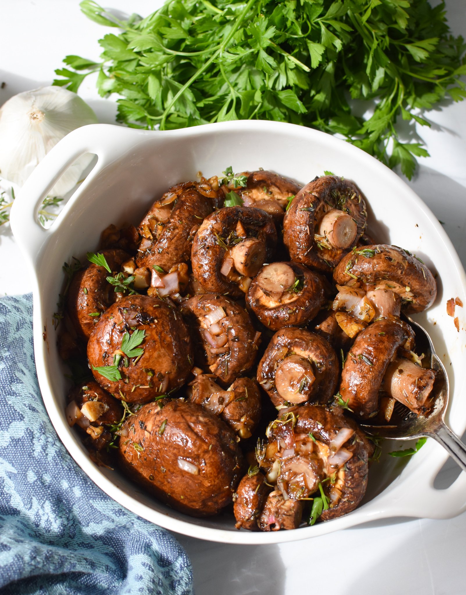 Roasted Balsamic Mushrooms in a white bowl. 