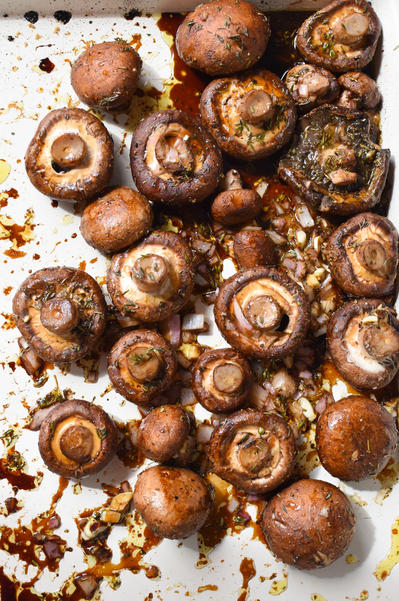 Roasted Balsamic Mushrooms on a baking sheet. 