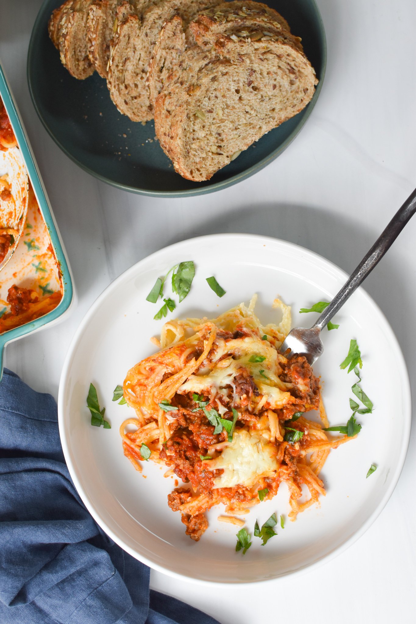 Spaghetti Pie Recipe with fork.