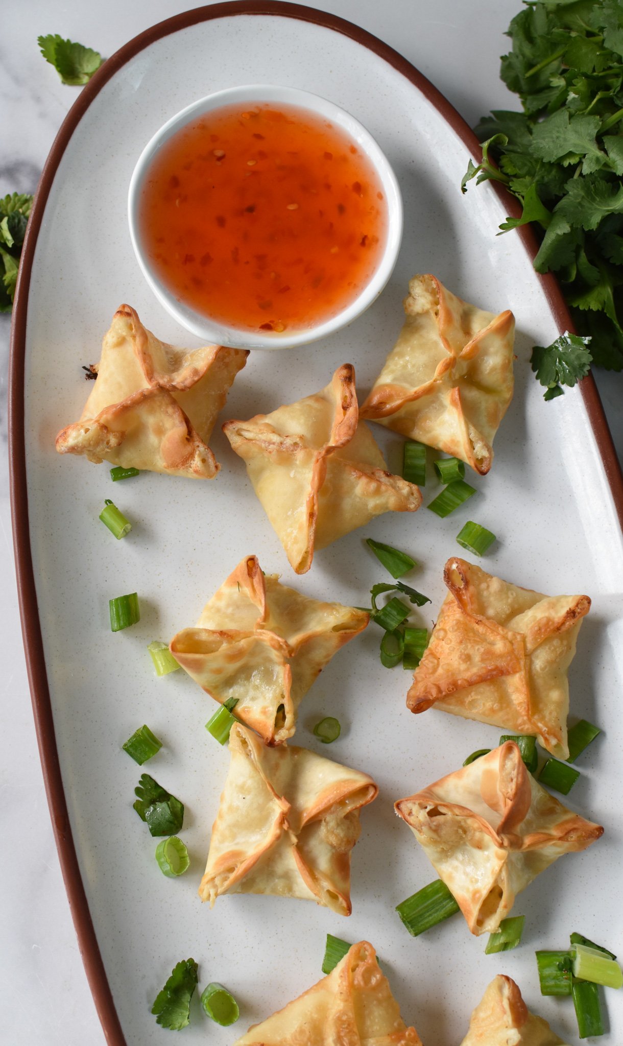 Air Fryer Crab Rangoon on a long platter.