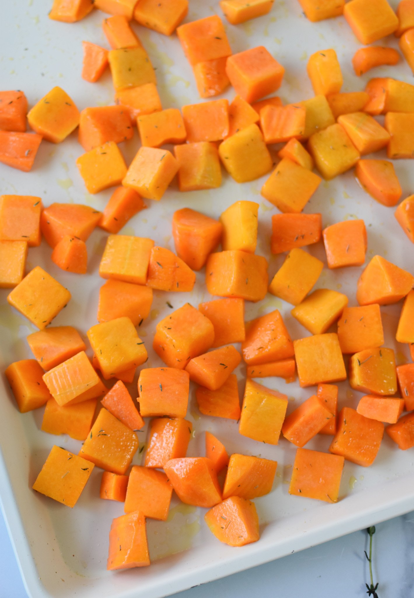 Cheesy Butternut Squash Orzo squash in a baking dish. 