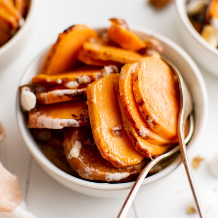 Easy Scalloped Sweet Potatoes with spoons.