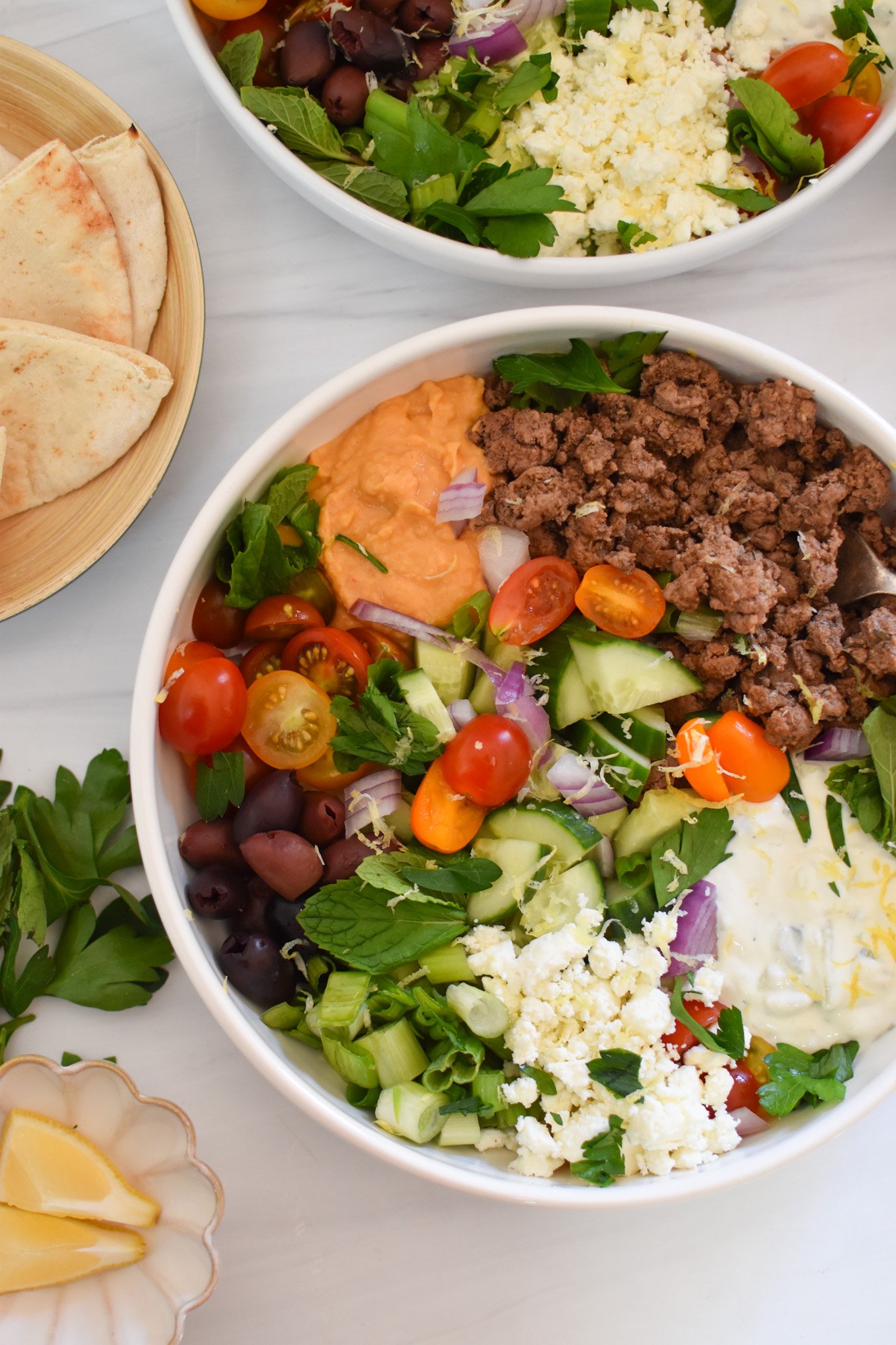 Minced Lamb Recipe with hummus in a bowl. 