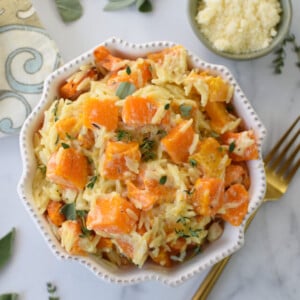 Cheesy Butternut Squash Orzo in a flower bowl.