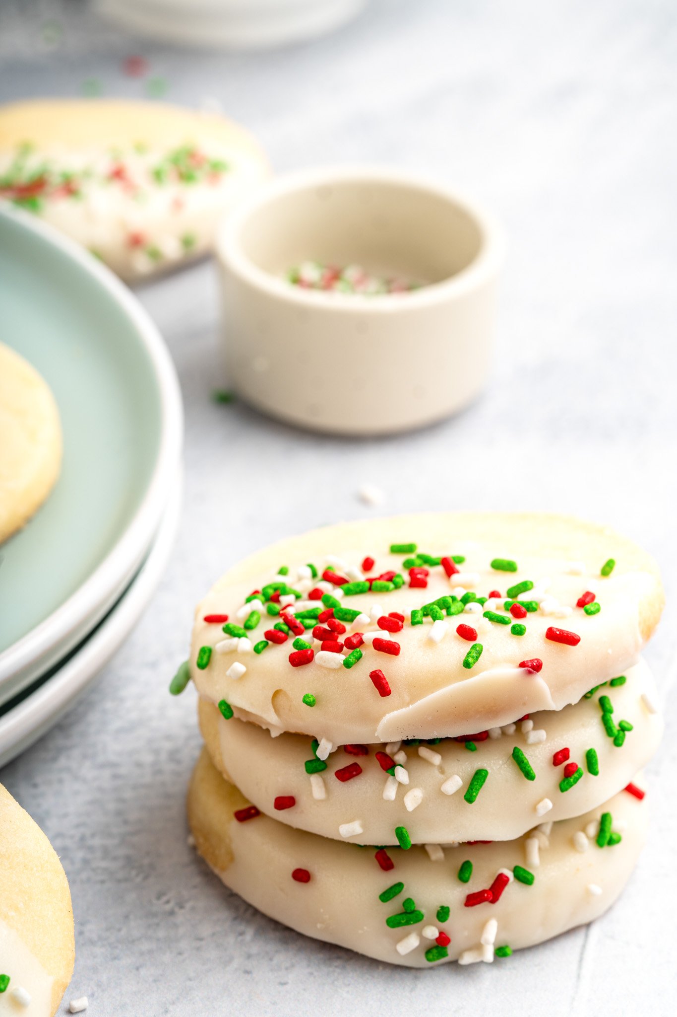 Christmas Shortbread Cookies stacked.