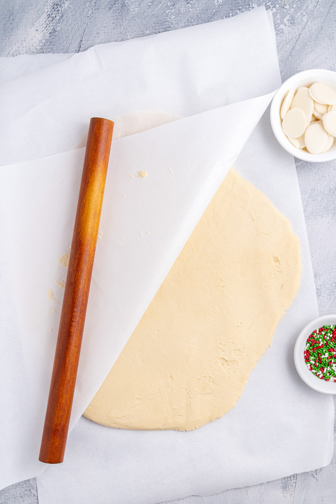 Christmas Shortbread Cookies dough being rolled.
