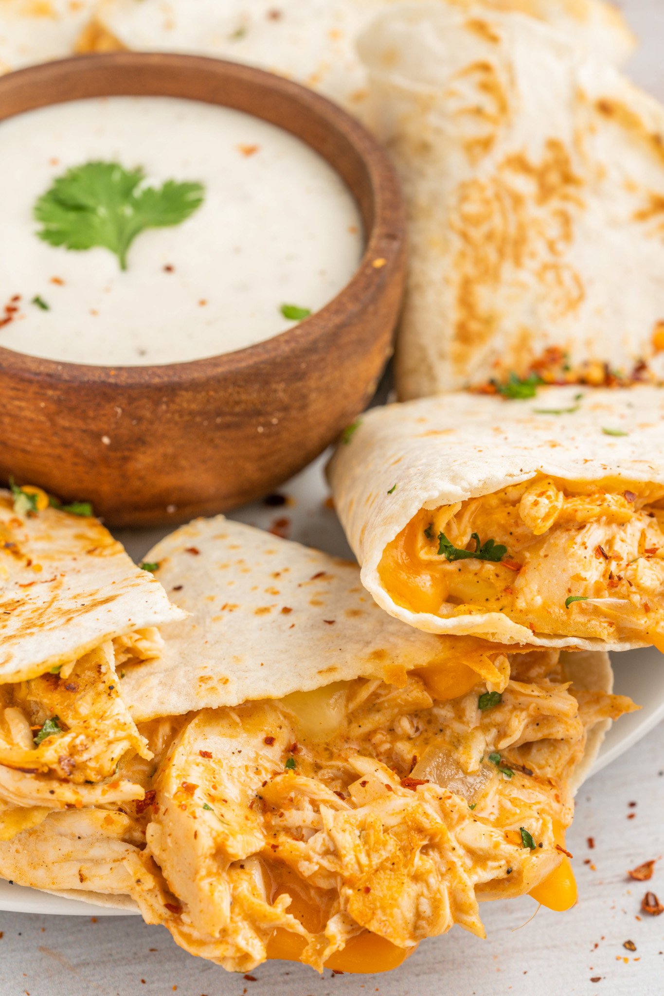Easy Buffalo Chicken Quesadilla on a white plate.