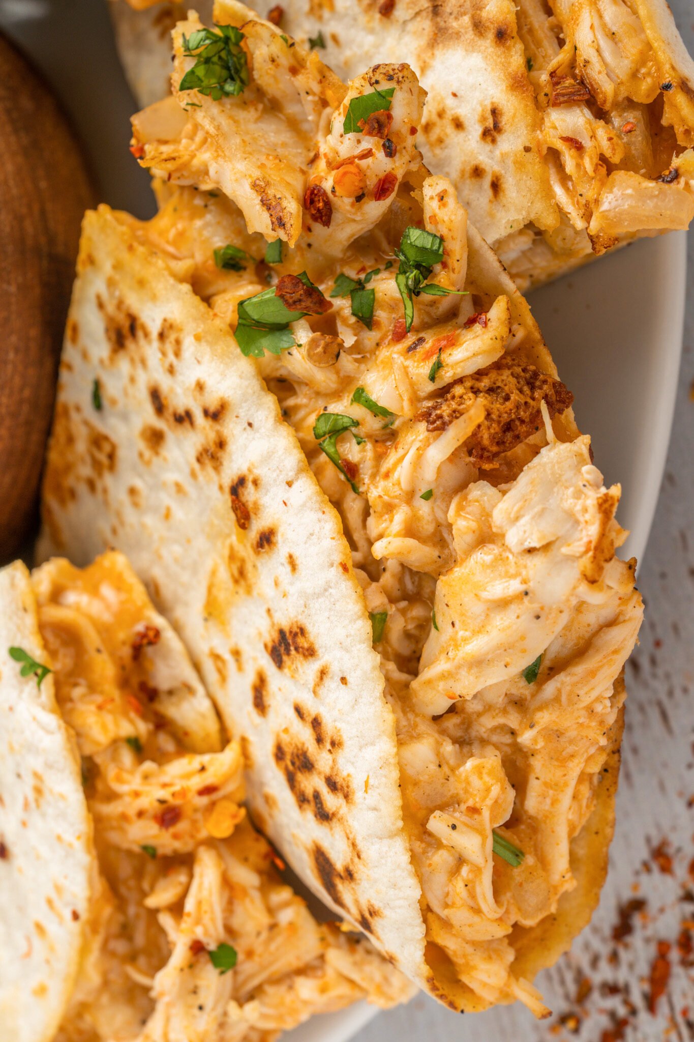 Easy Buffalo Chicken Quesadilla with cilantro 