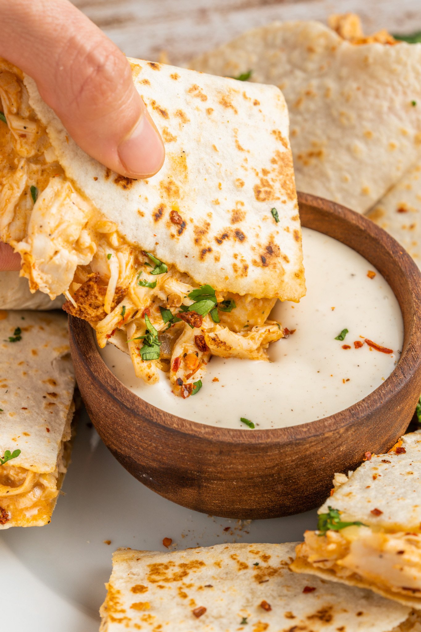 Easy Buffalo Chicken Quesadilla with ranch dip 