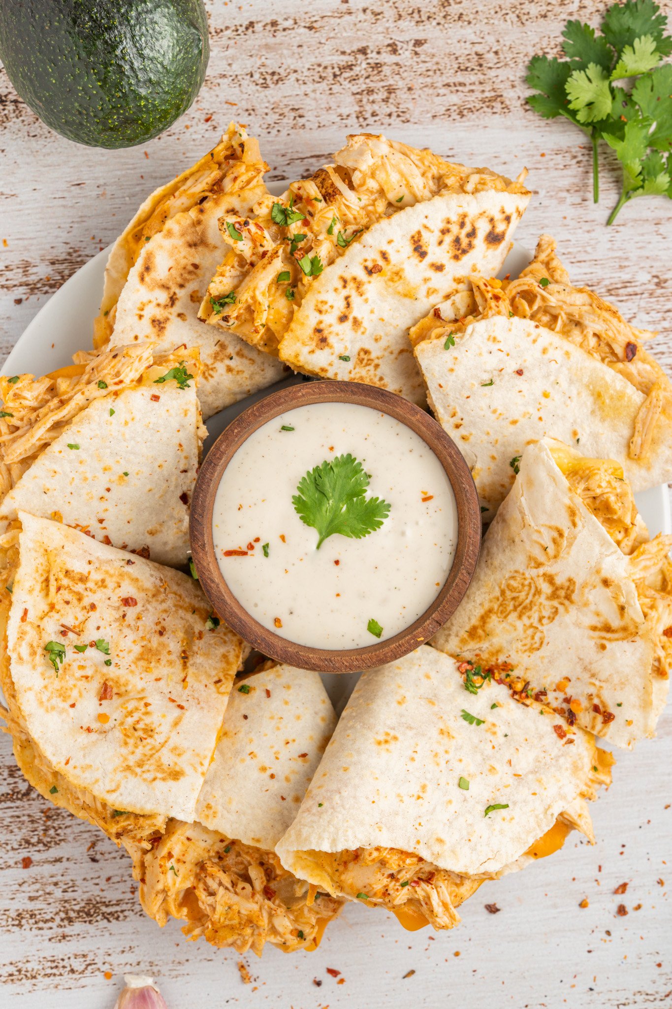 Easy Buffalo Chicken Quesadilla on a plate with ranch