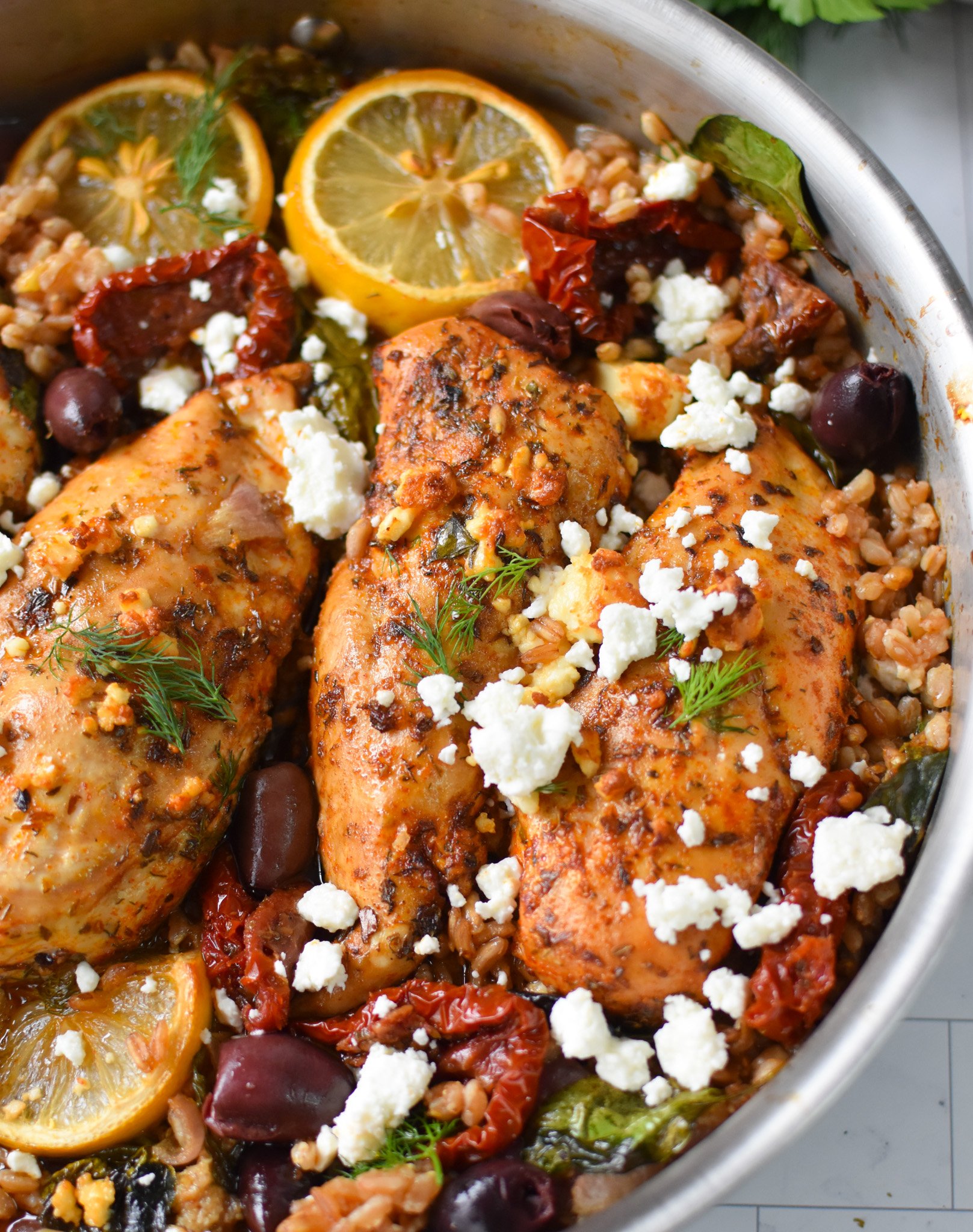 Sun-dried Tomato Farro Chicken Bake with feta. 