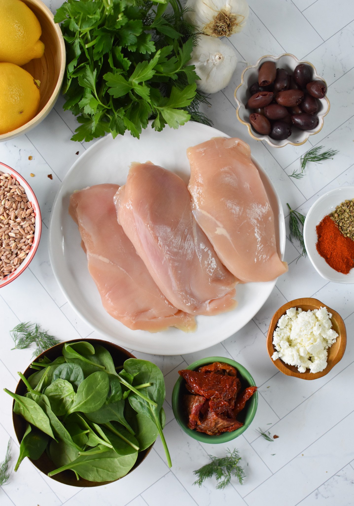 Sun-dried Tomato Farro Chicken Bake ingredients. 