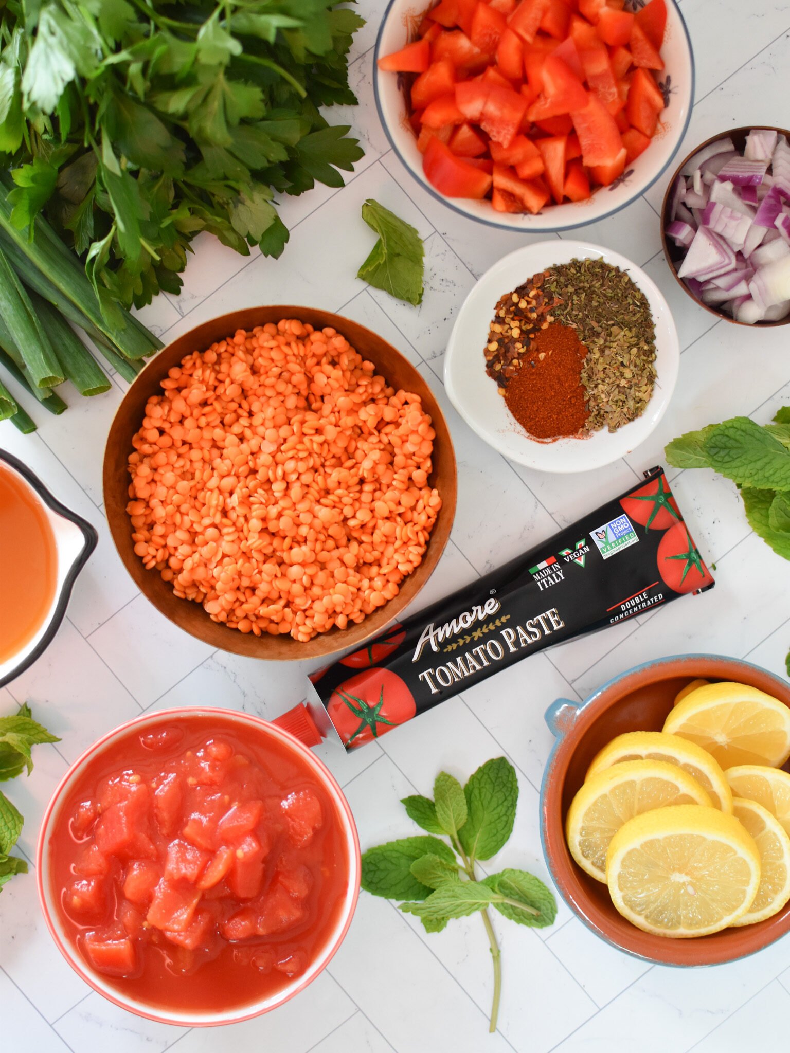Turkish Lentil Soup ingredients. 