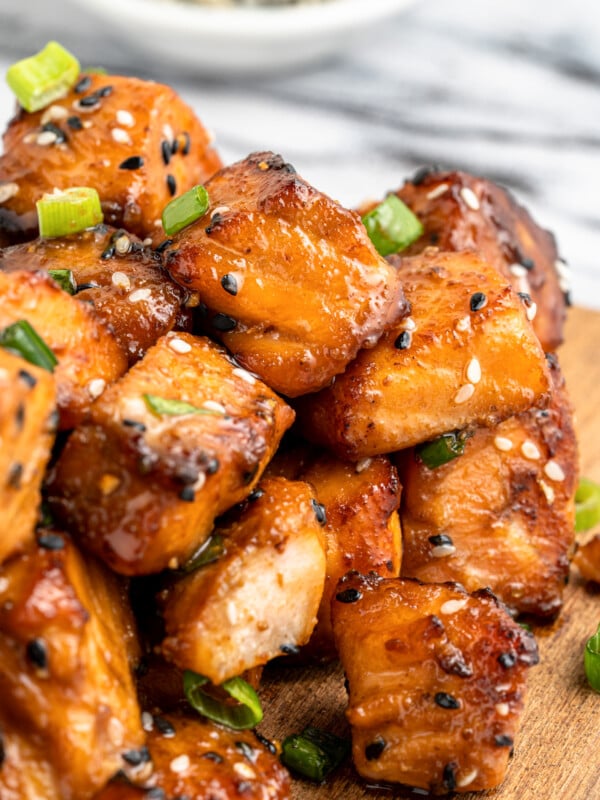 Air Fryer Salmon Bites on a cutting board.