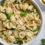 Lemon Basil Pasta in a white bowl.