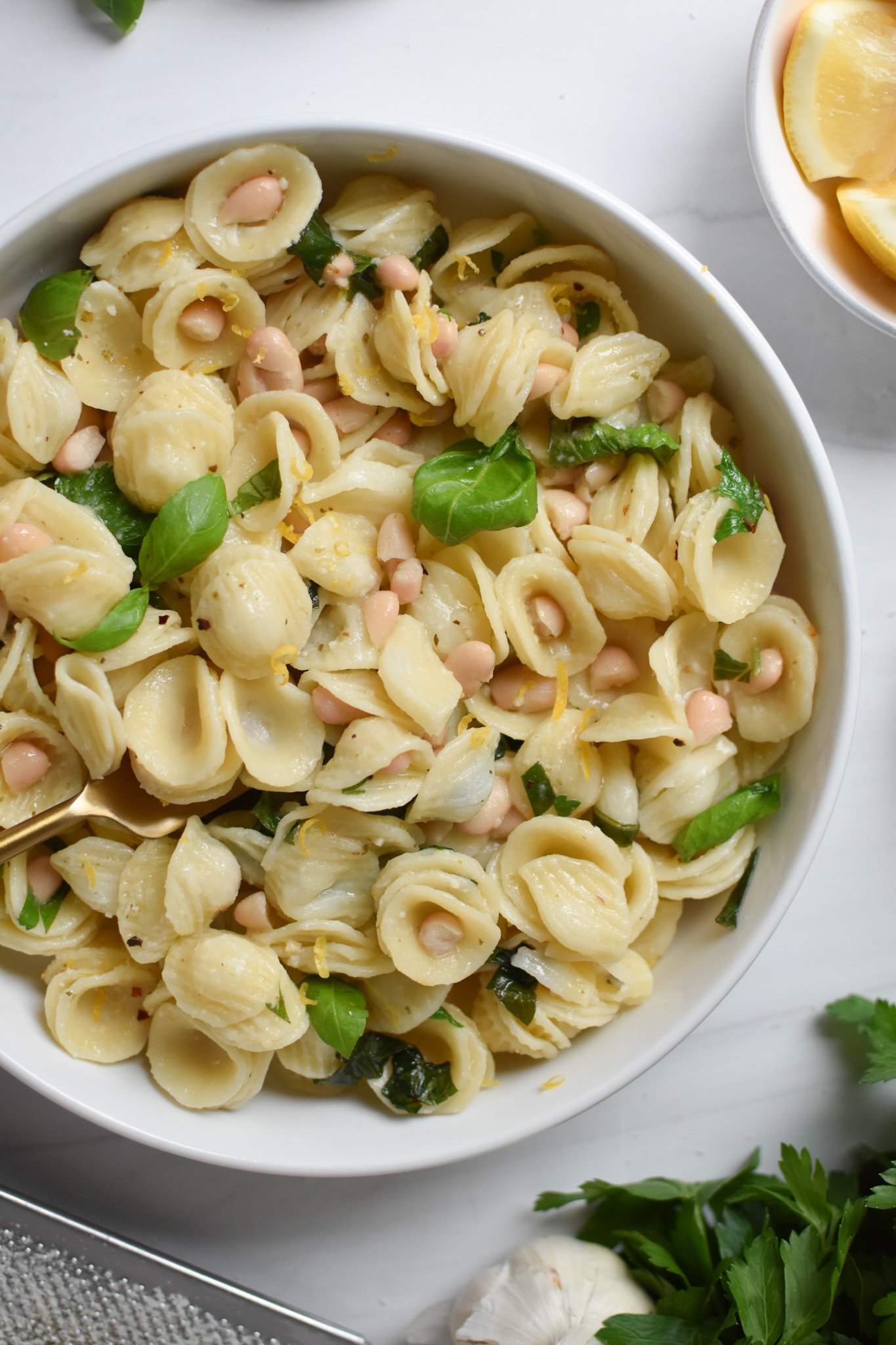 Lemon Basil Pasta in a white bowl. 