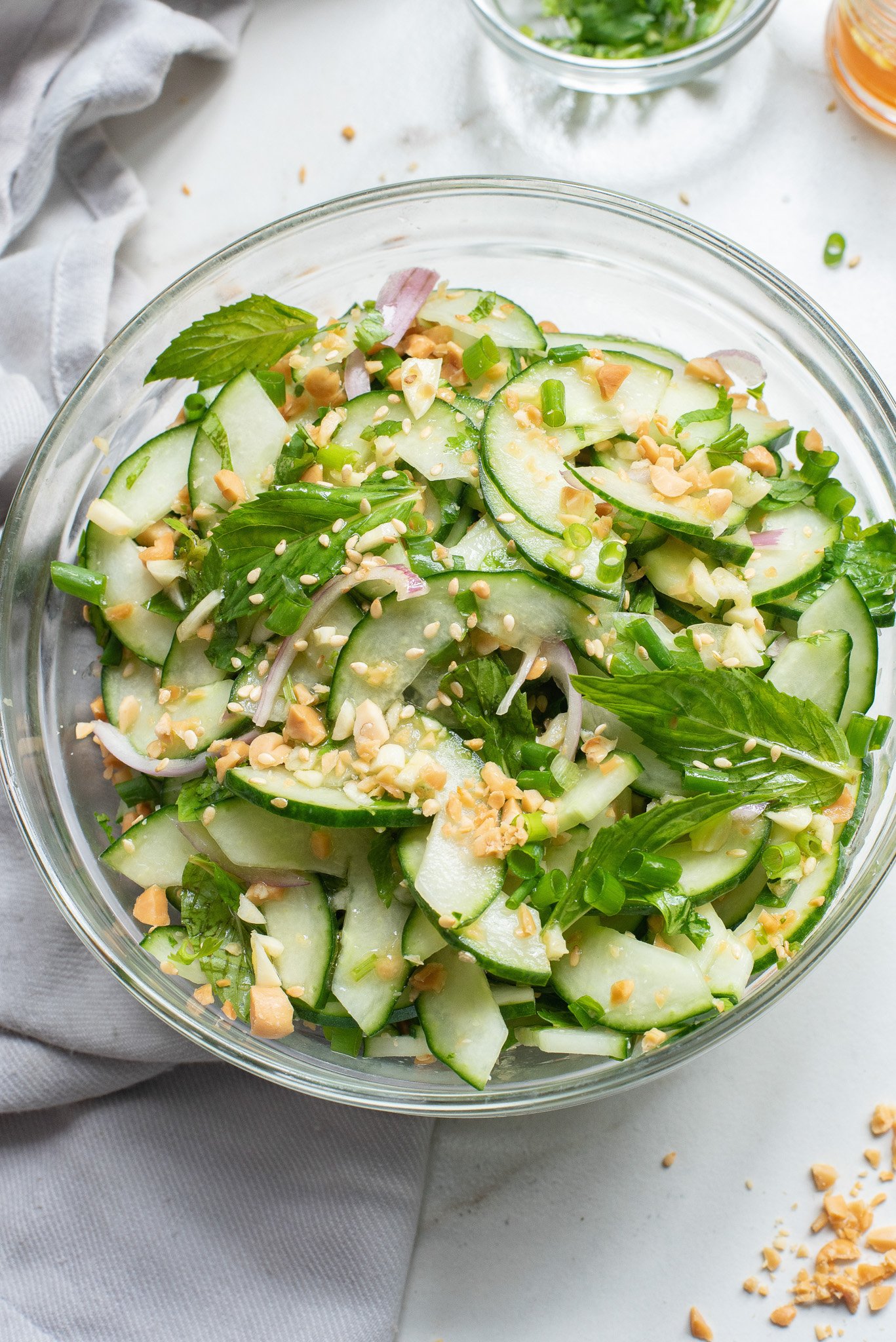 Thai Cucumber Salad in glass bowl.