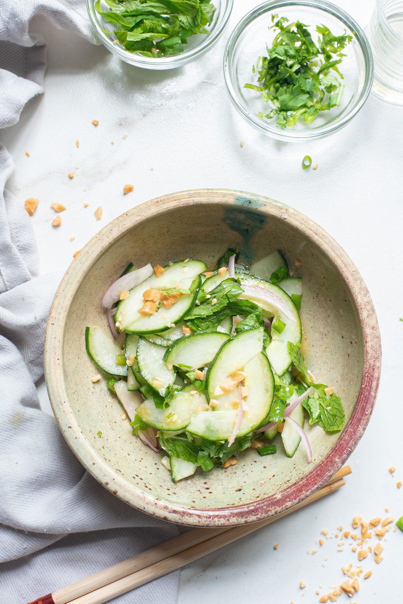 Thai Cucumber Salad in a pottery bowl. 