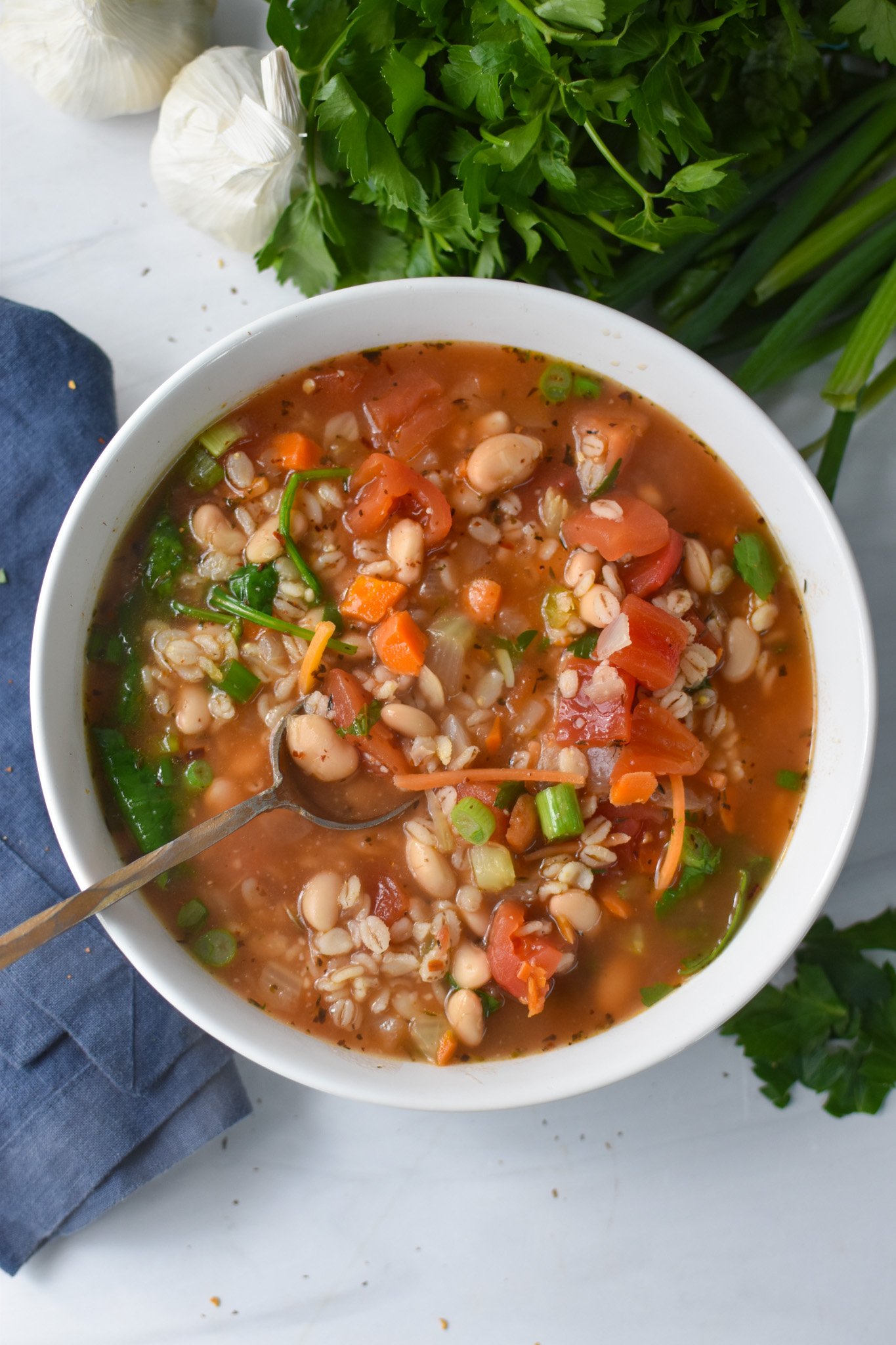 Vegetable Barley Soup in white bowl. 