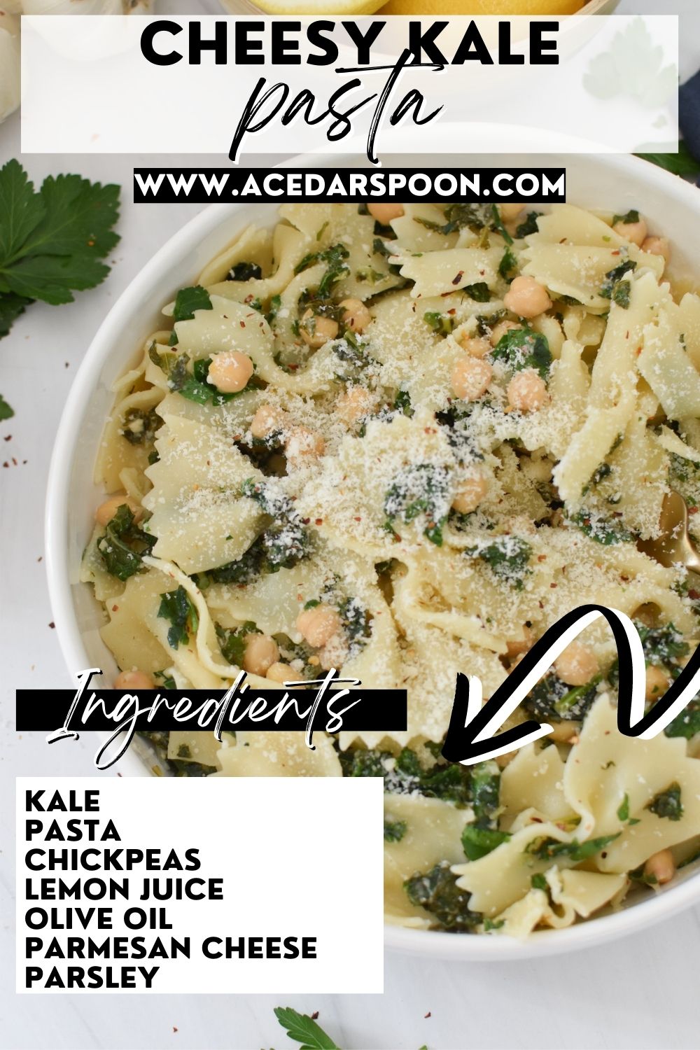 Cheesy Kale Pasta with logo.