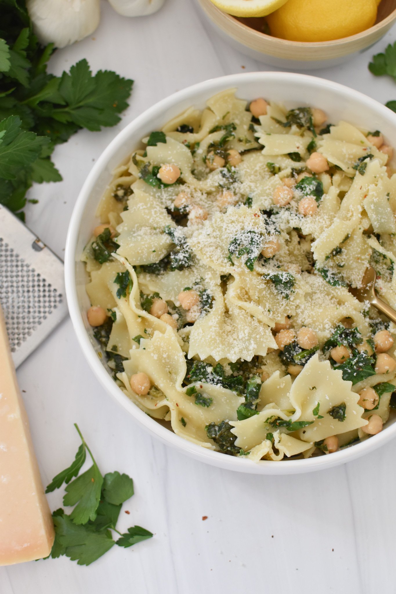Cheesy Kale Pasta with Parmesan cheese. 