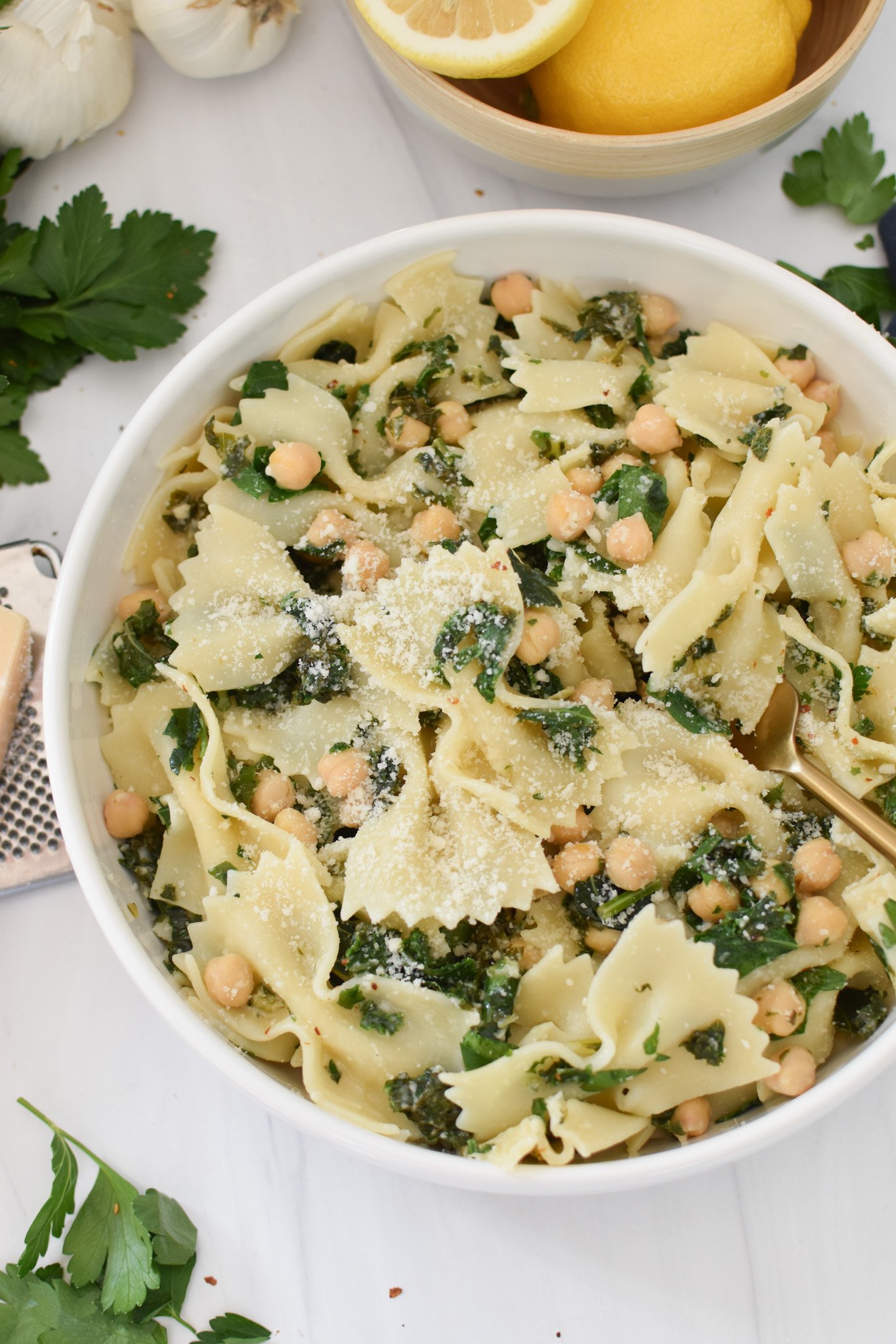 Cheesy Kale Pasta in a white bowl. 