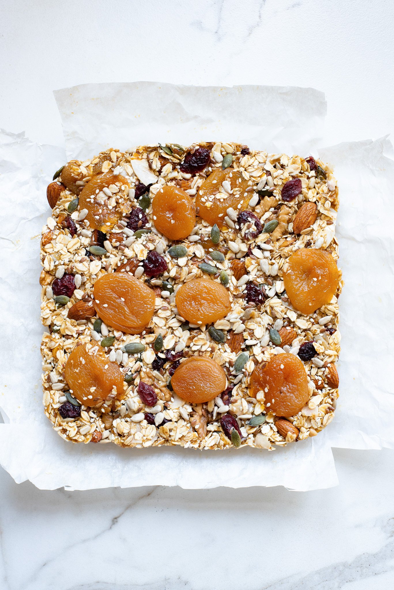 Easy Date Granola Bars ready to cut. 