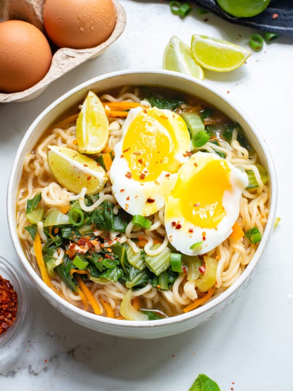 Easy Ramen Noodle Soup in a white bowl.