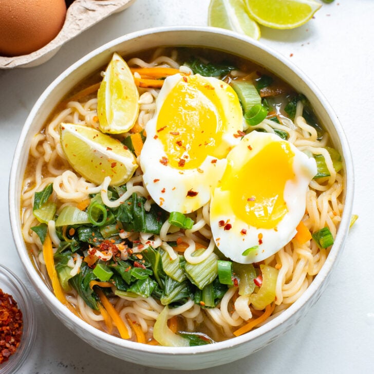 Easy Ramen Noodle Soup in a white bowl.