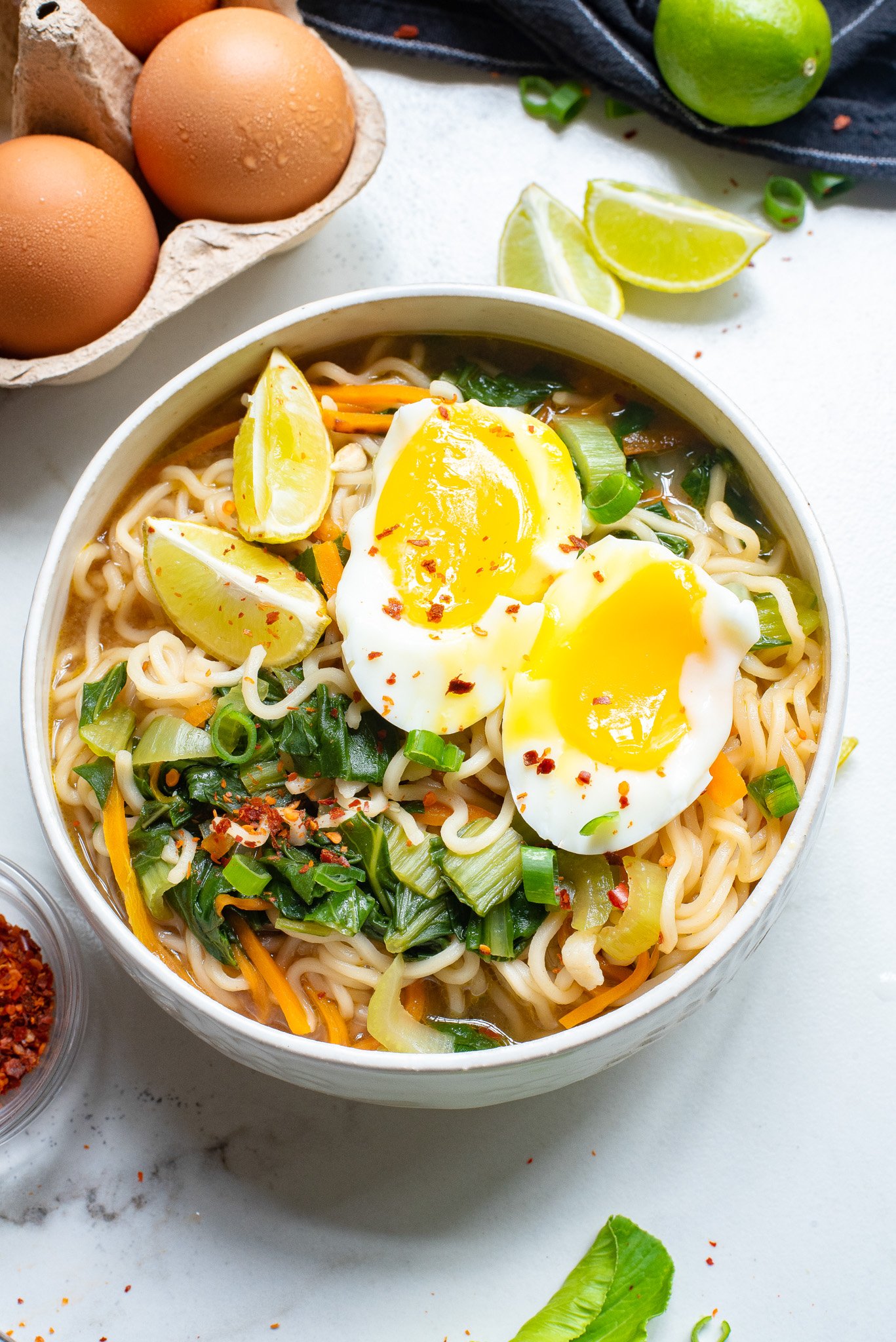 Easy Ramen Noodle Soup in a white bowl.