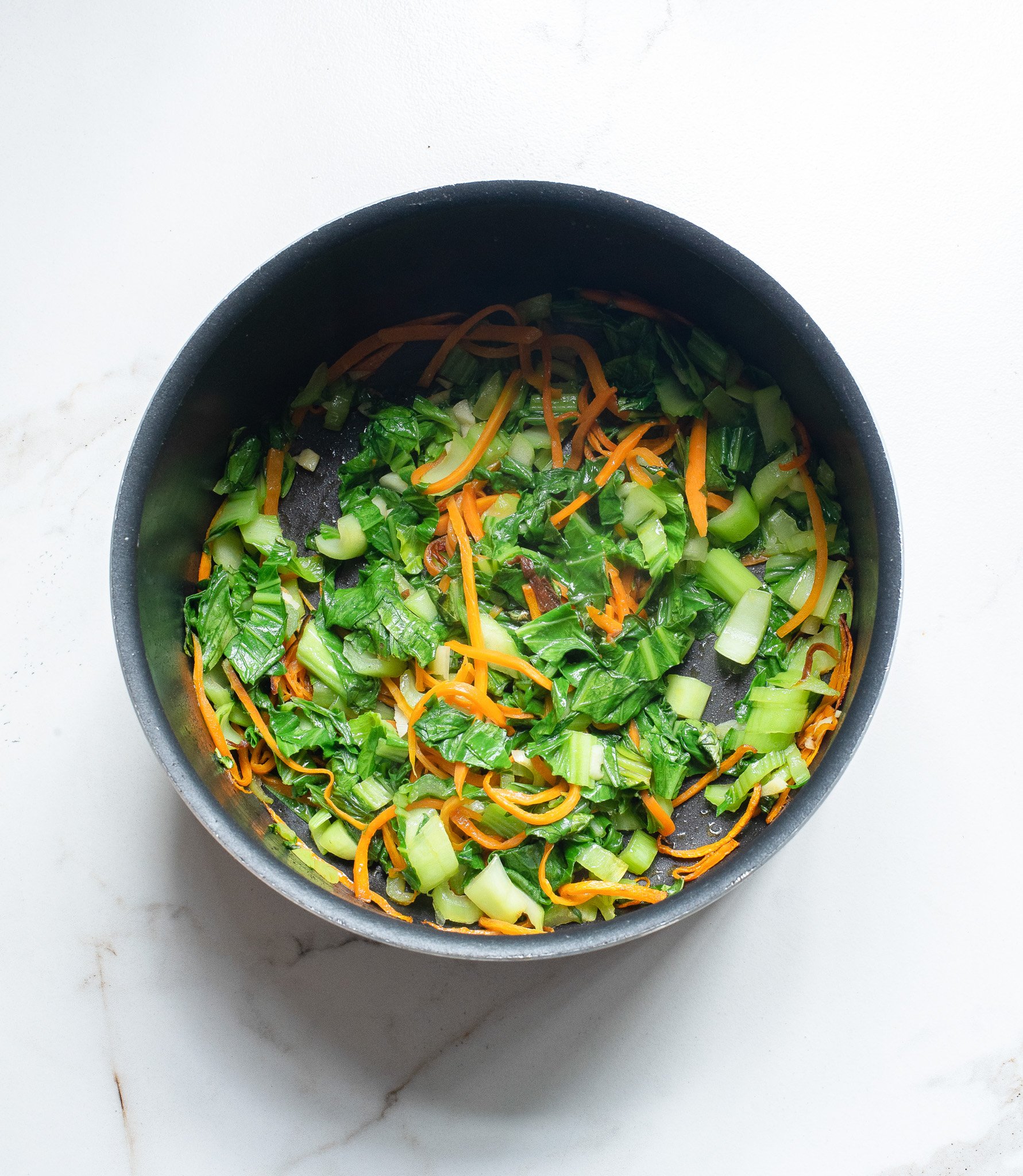 Easy Ramen Noodle Soup vegetables in a pot. 