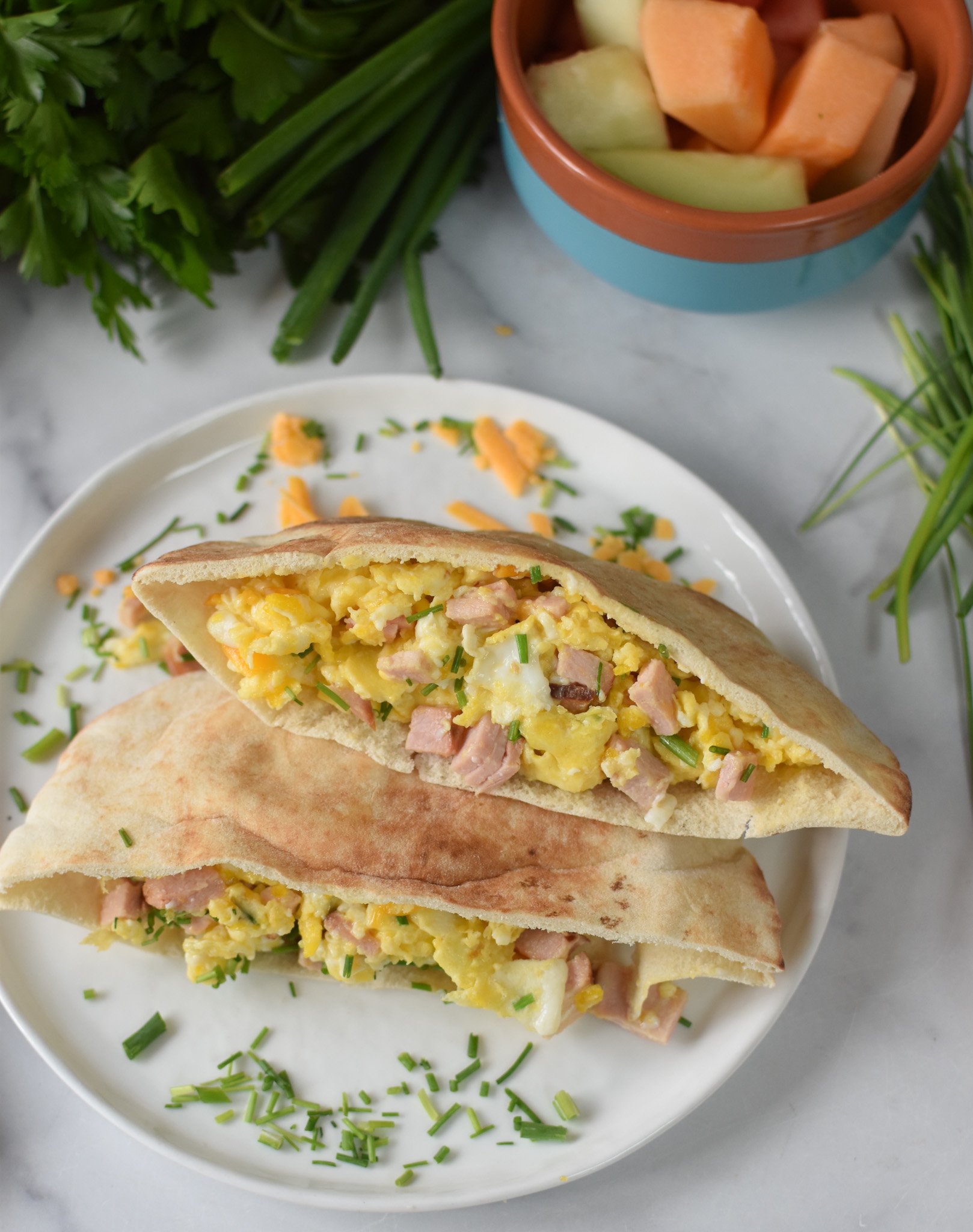 Breakfast Pita Recipe on a white plate. 