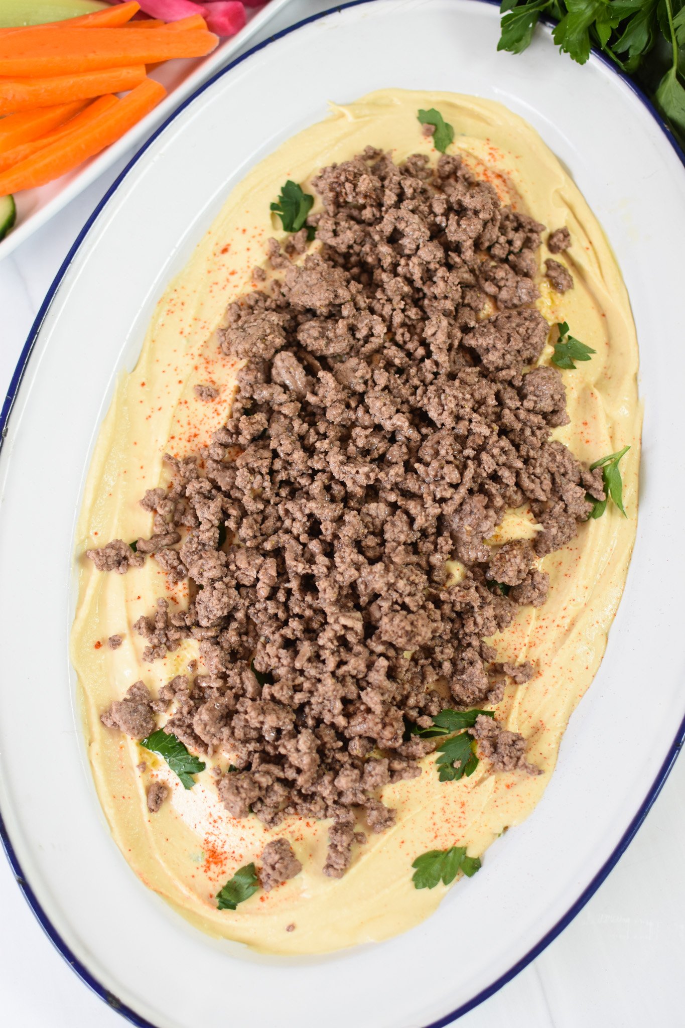 Ground Beef Layered Hummus beef on the hummus.