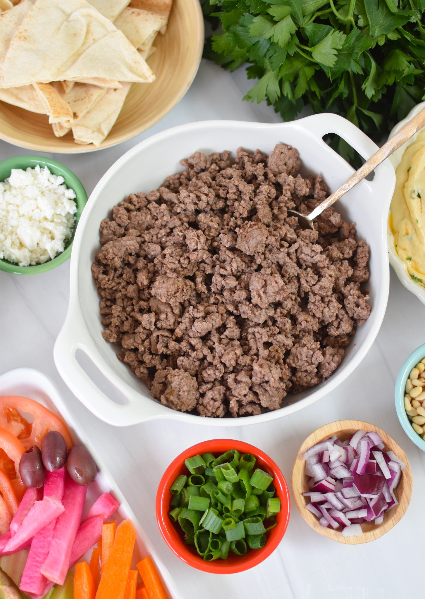 Ground Beef Layered Hummus ingredients.