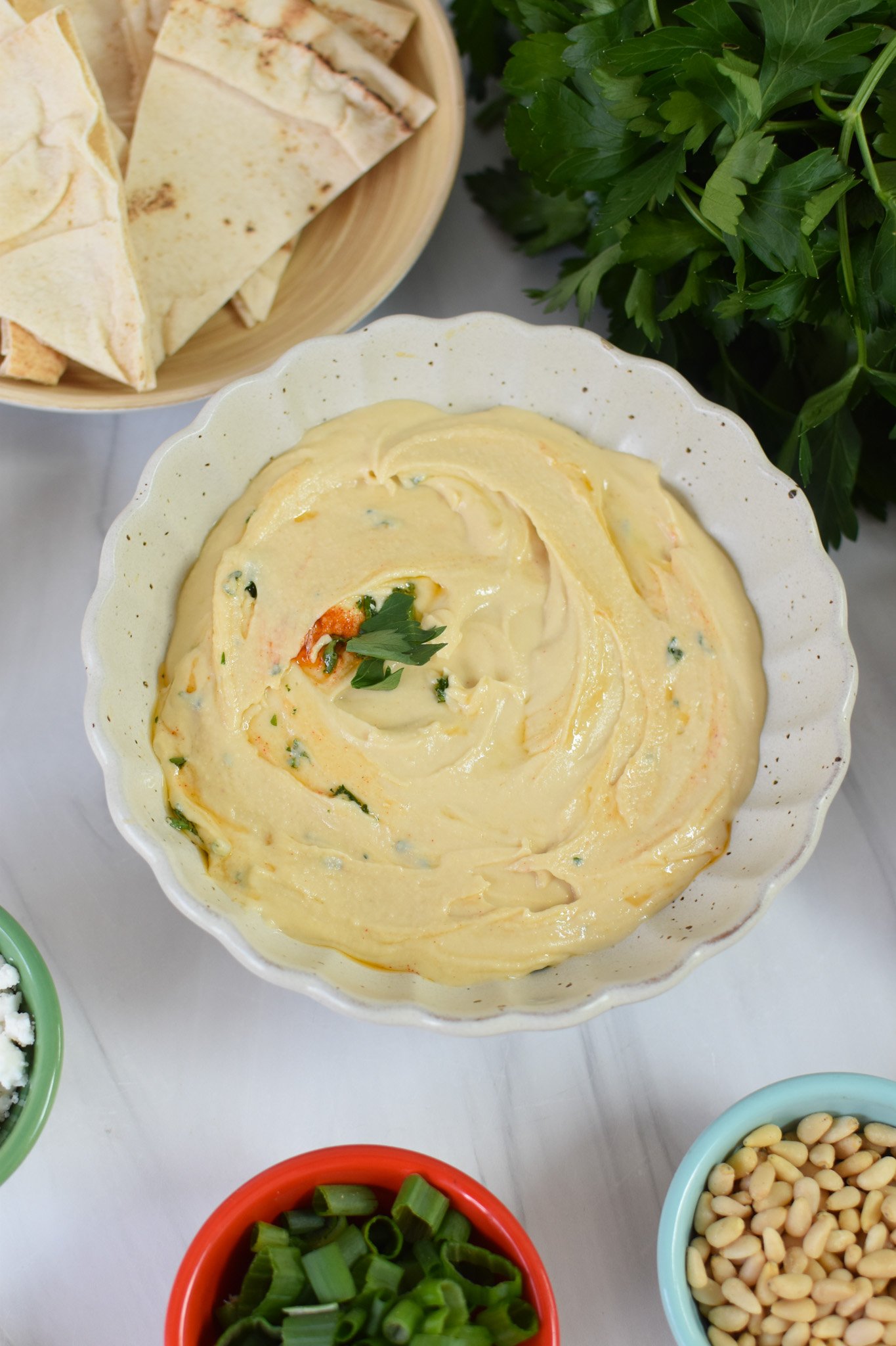 Ground Beef Layered Hummus in a bowl.