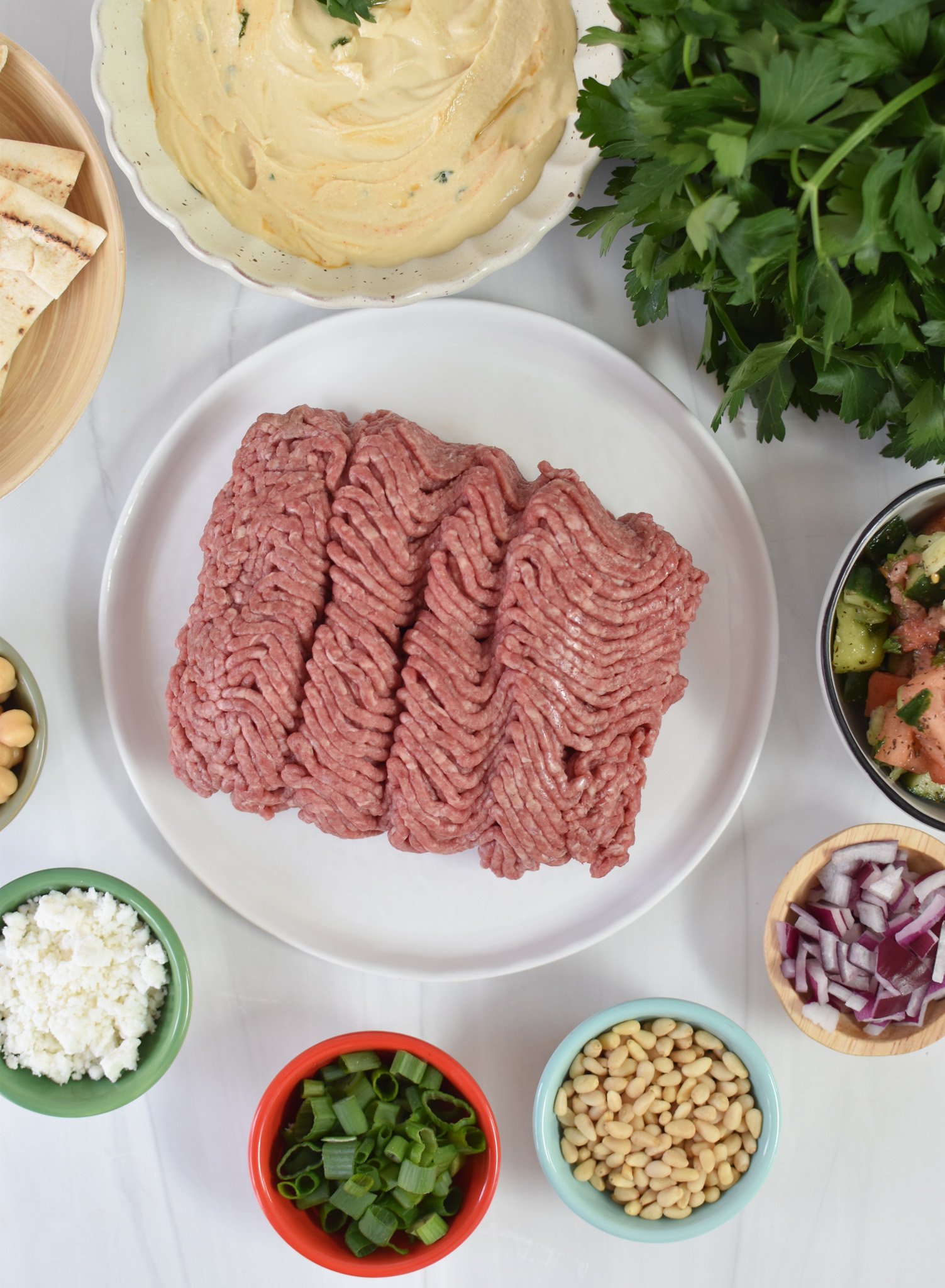 Ground Beef Layered Hummus ingredients. 