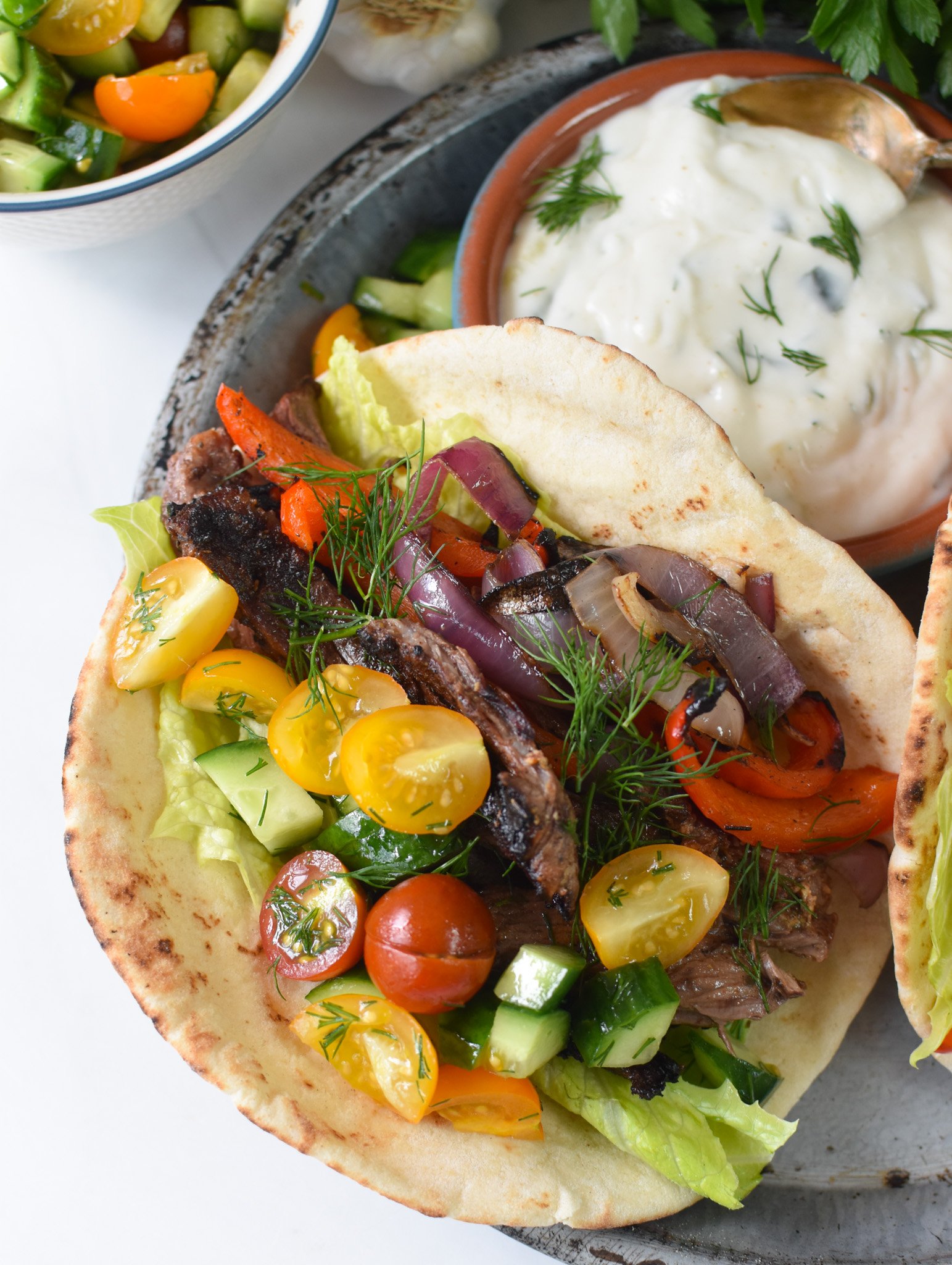 Easy Beef Gyros on a tin plate without the yogurt. 