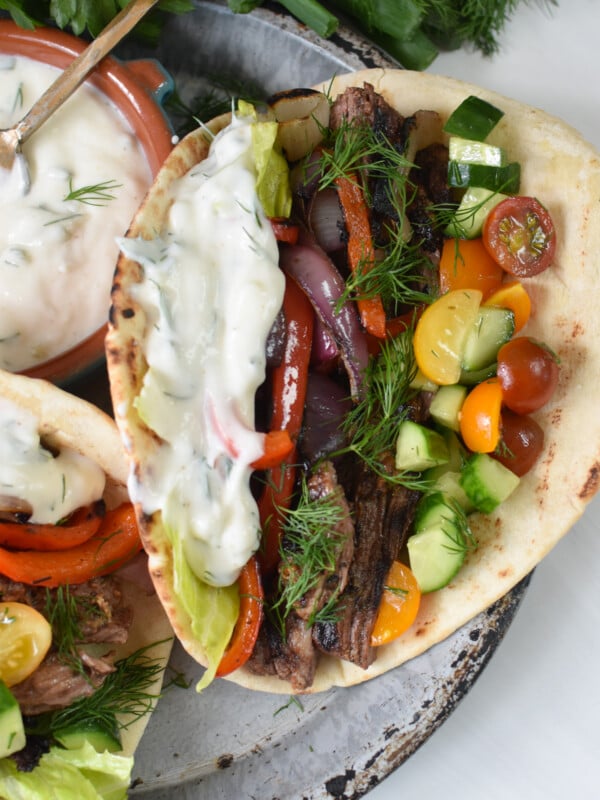 Easy Beef Gyros with yogurt in a pita.