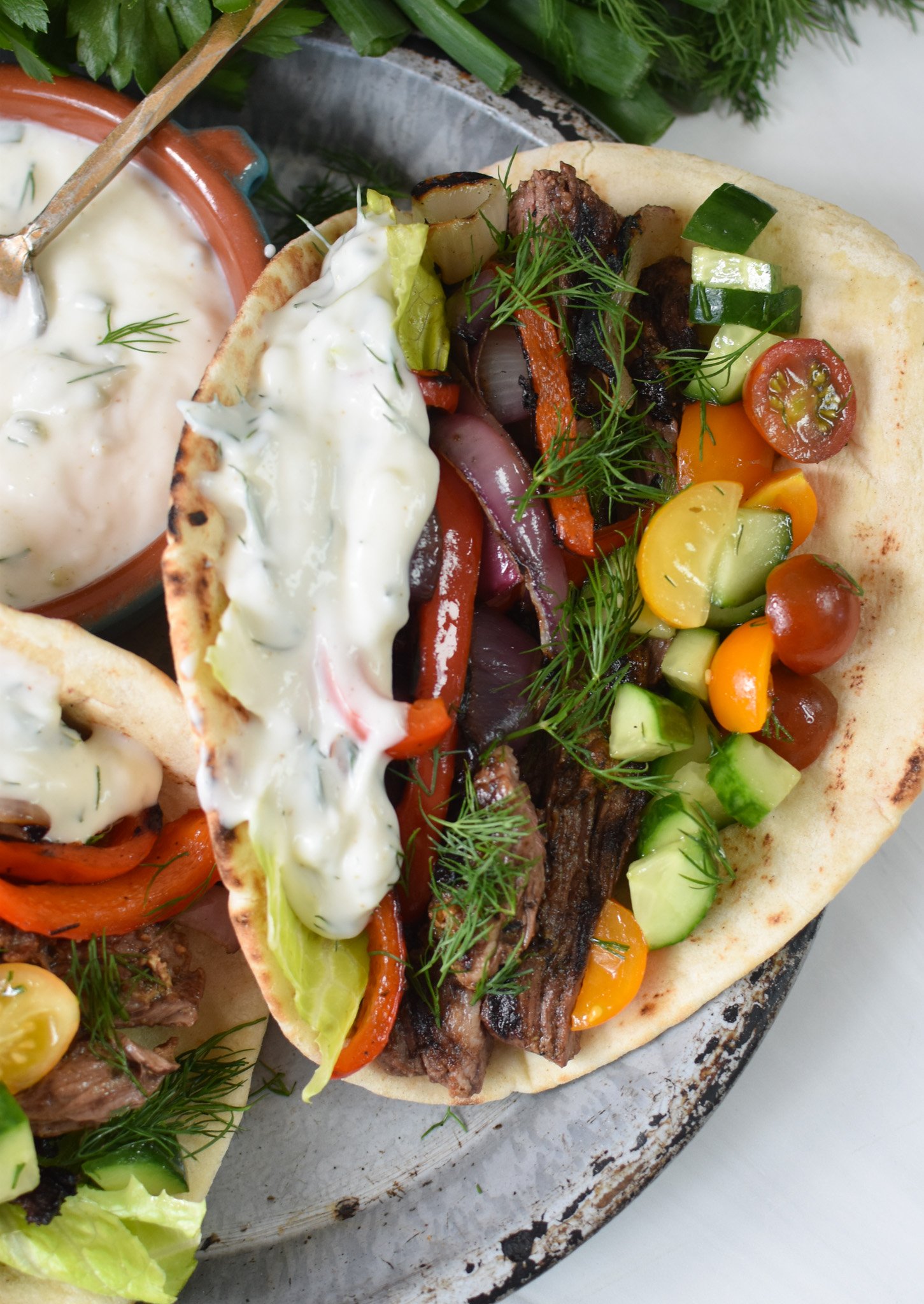 Easy Beef Gyros with yogurt in a pita.