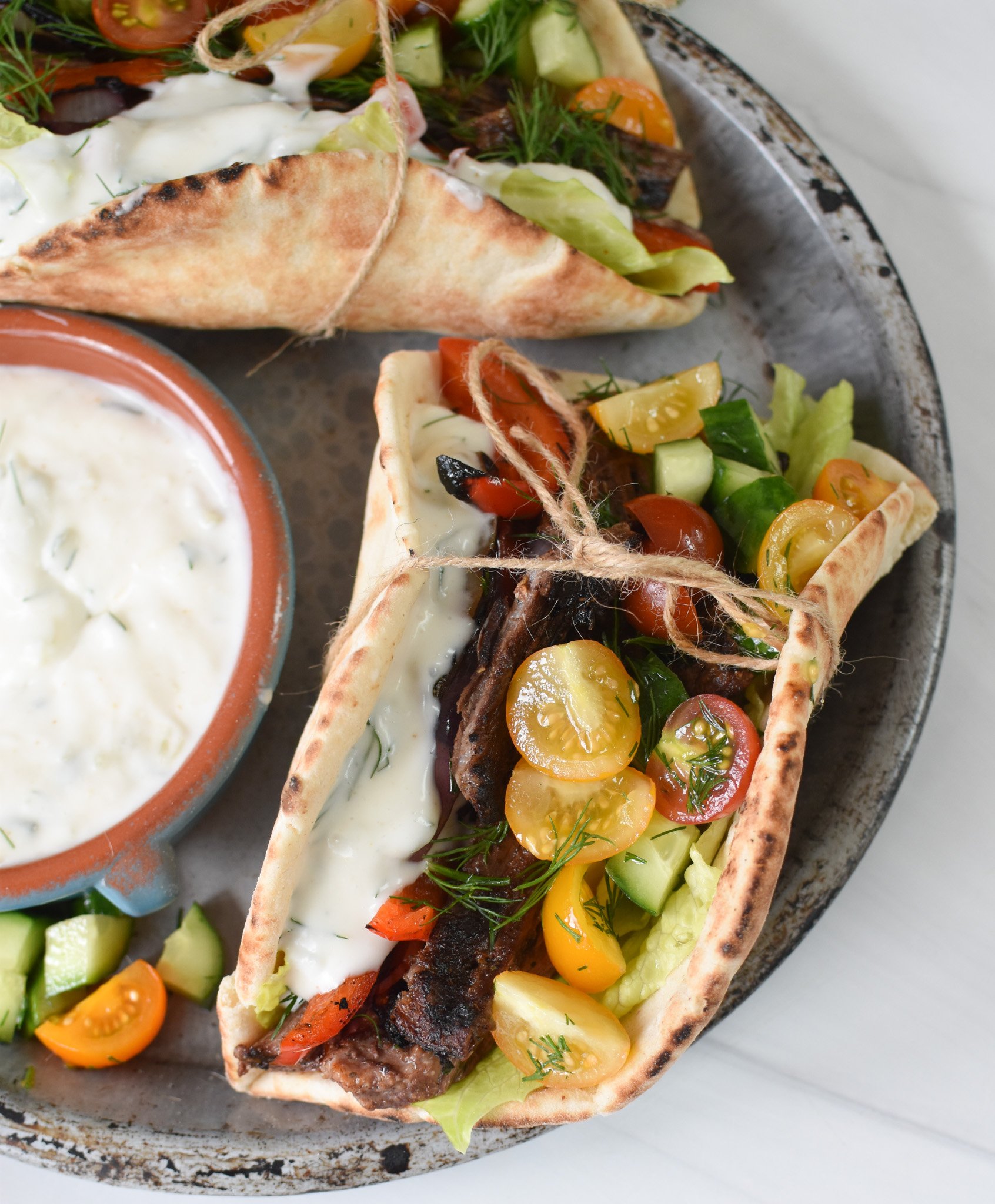 Easy Beef Gyros tied pita.